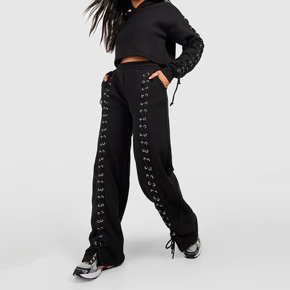 Boohoo Lace Up Detail Straight Fit Fleece Sweatpants